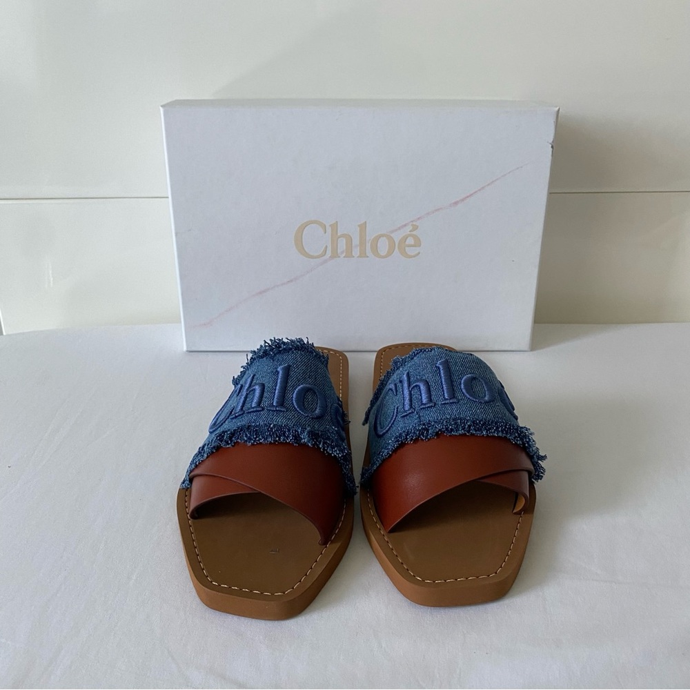 NWT 100% Authentic Chloe Woody Logo Flat Denim Slide Sandals - Picture 10 of 16